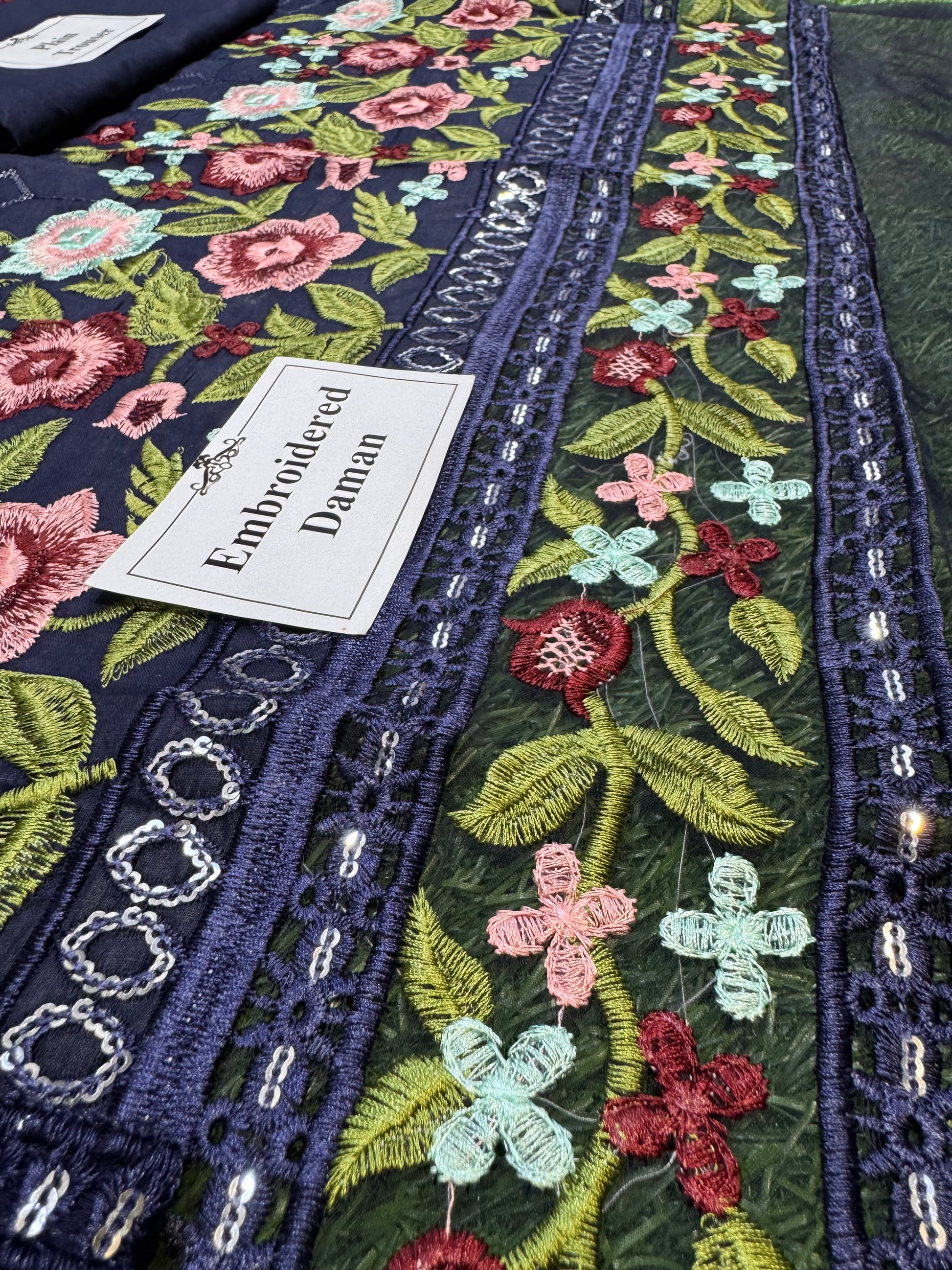 Multi-Thread Embroidered 3Pcs Cotton Suit with Sequins & Chiffon Dupatta (Master Copy) - NZ COLLECTION