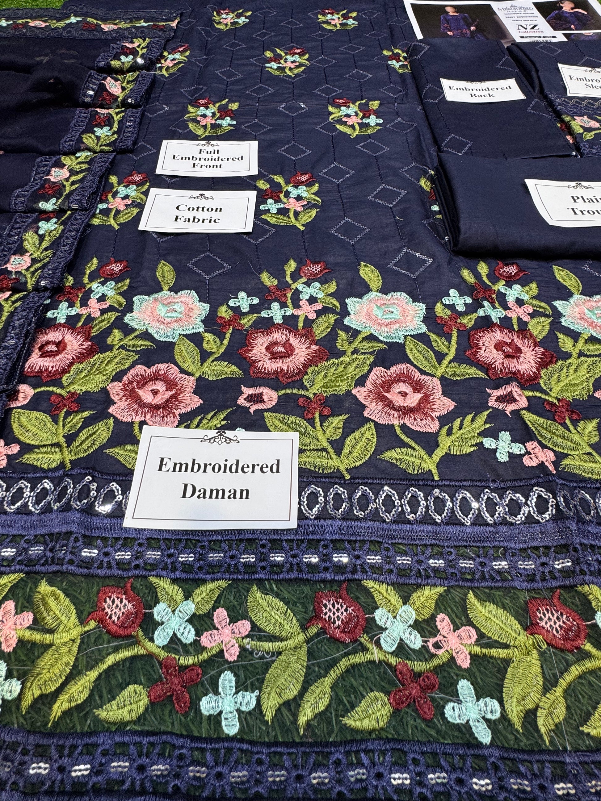 Multi-Thread Embroidered 3Pcs Cotton Suit with Sequins & Chiffon Dupatta (Master Copy) - NZ COLLECTION