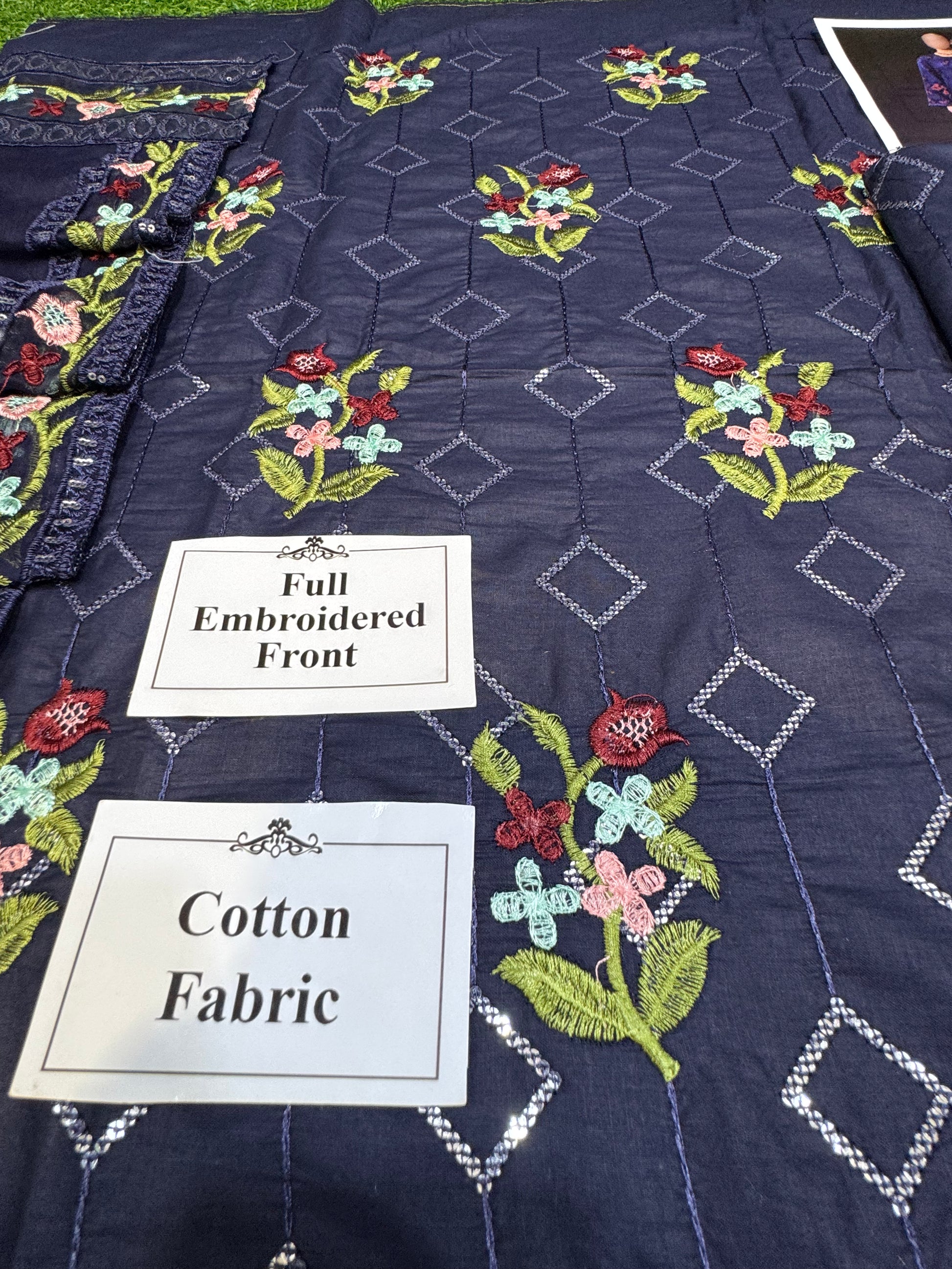 Multi-Thread Embroidered 3Pcs Cotton Suit with Sequins & Chiffon Dupatta (Master Copy) - NZ COLLECTION