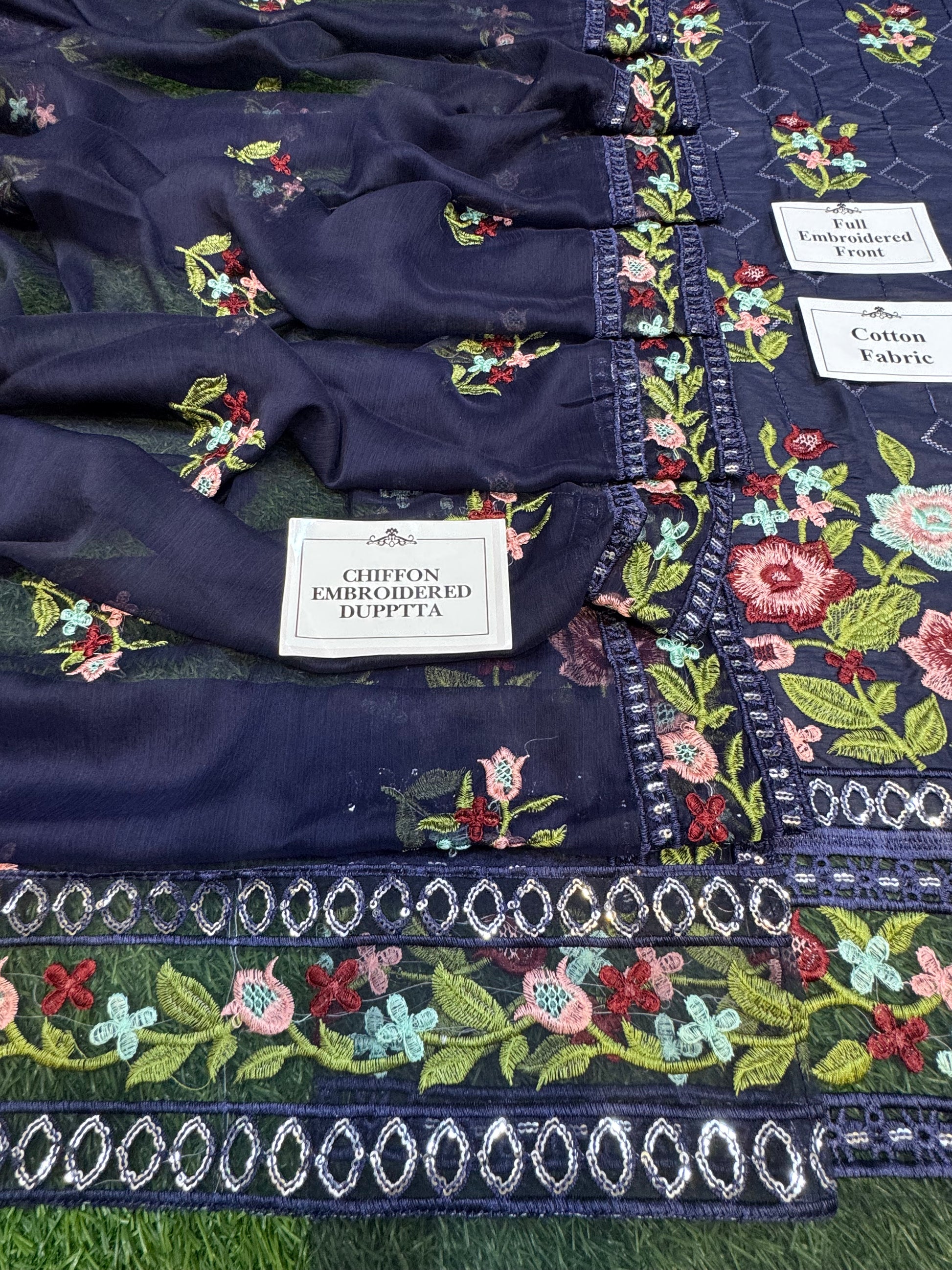 Multi-Thread Embroidered 3Pcs Cotton Suit with Sequins & Chiffon Dupatta (Master Copy) - NZ COLLECTION