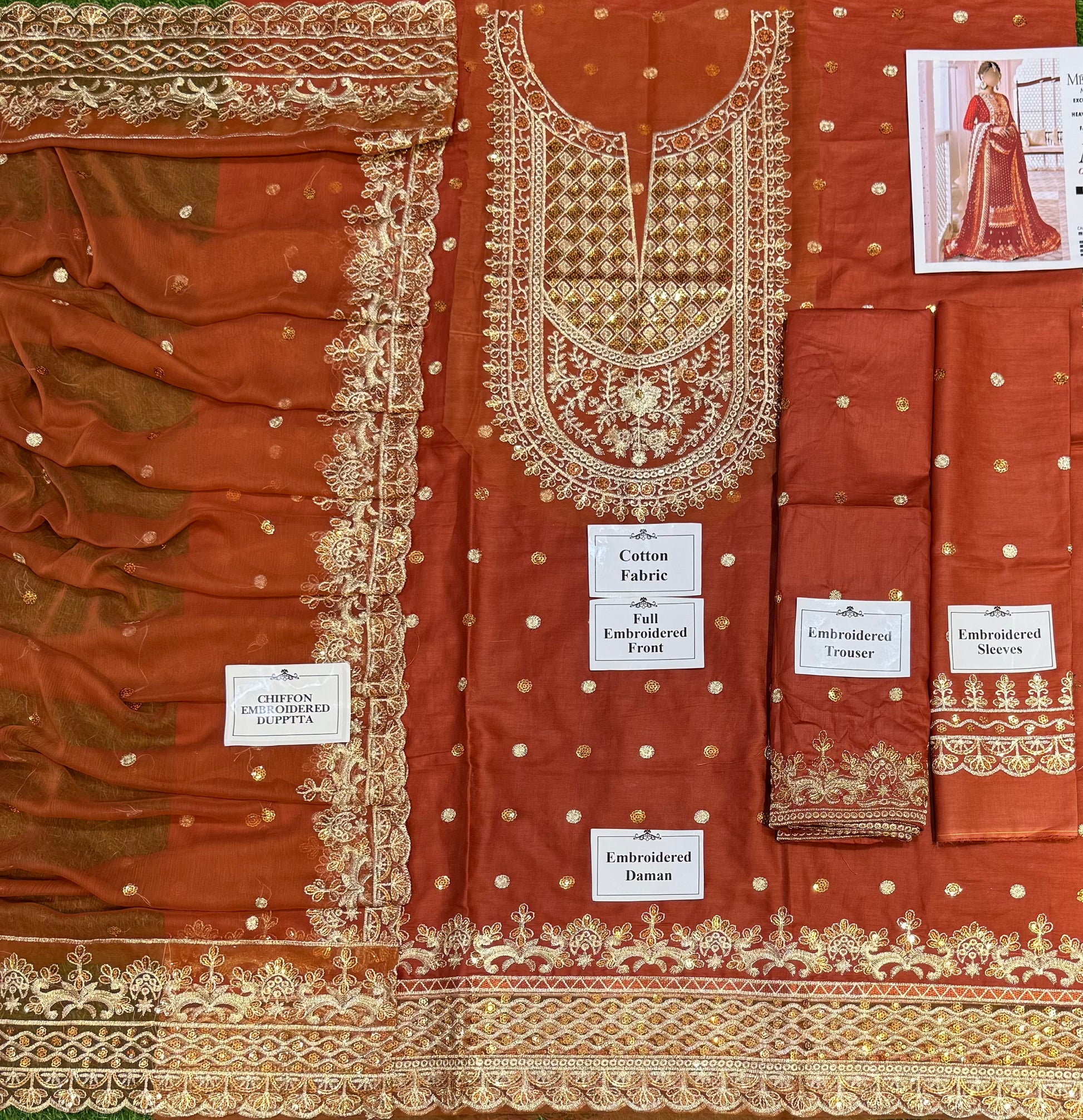 Maria.B Inspired 3pcs Unstitch Dress (rust)(master copy) - NZ COLLECTION