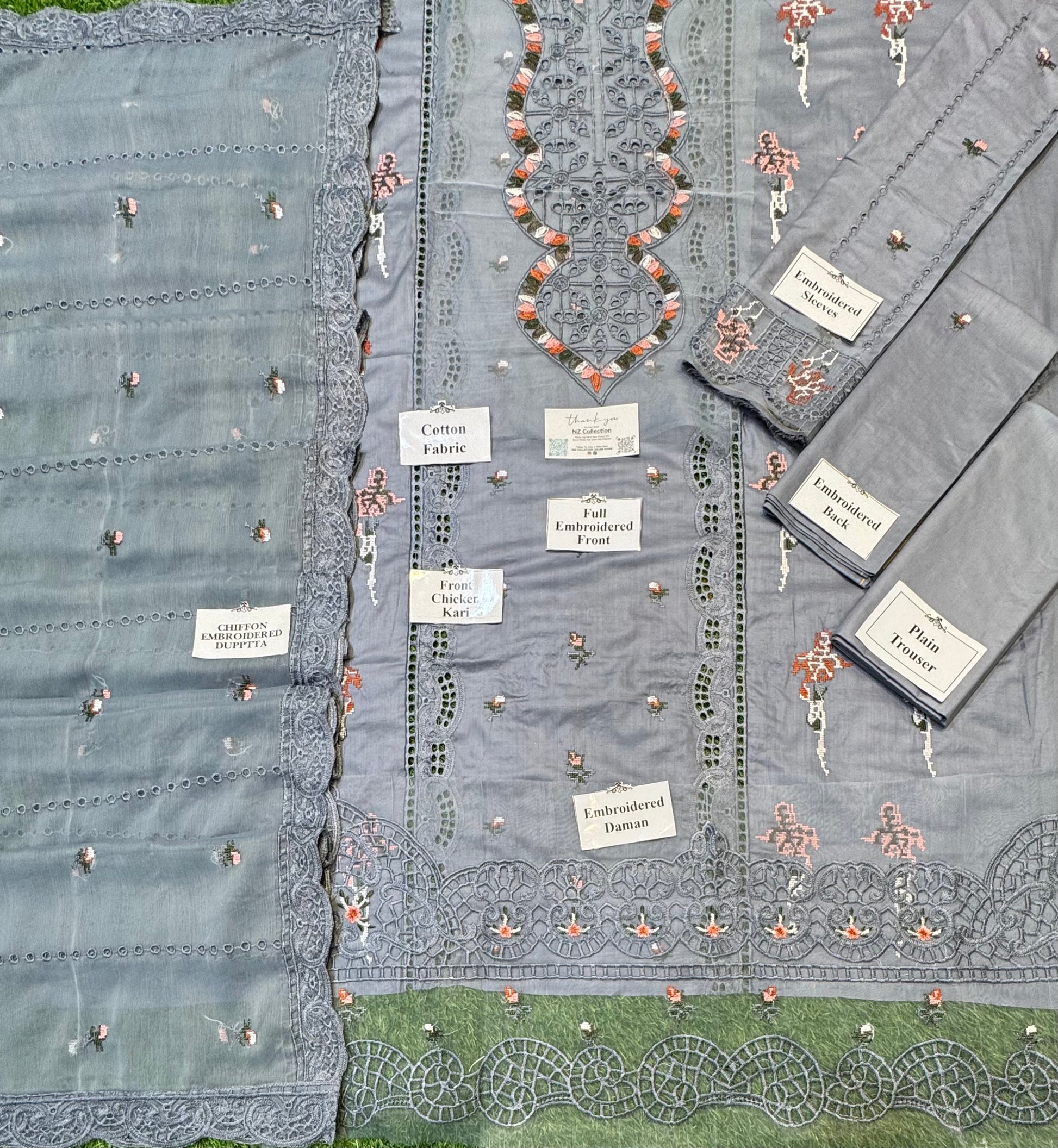 Chikankari Elegance – Soft Cotton 3Pc Suit with Embroidered Dupatta (Mint blue) - NZ COLLECTION