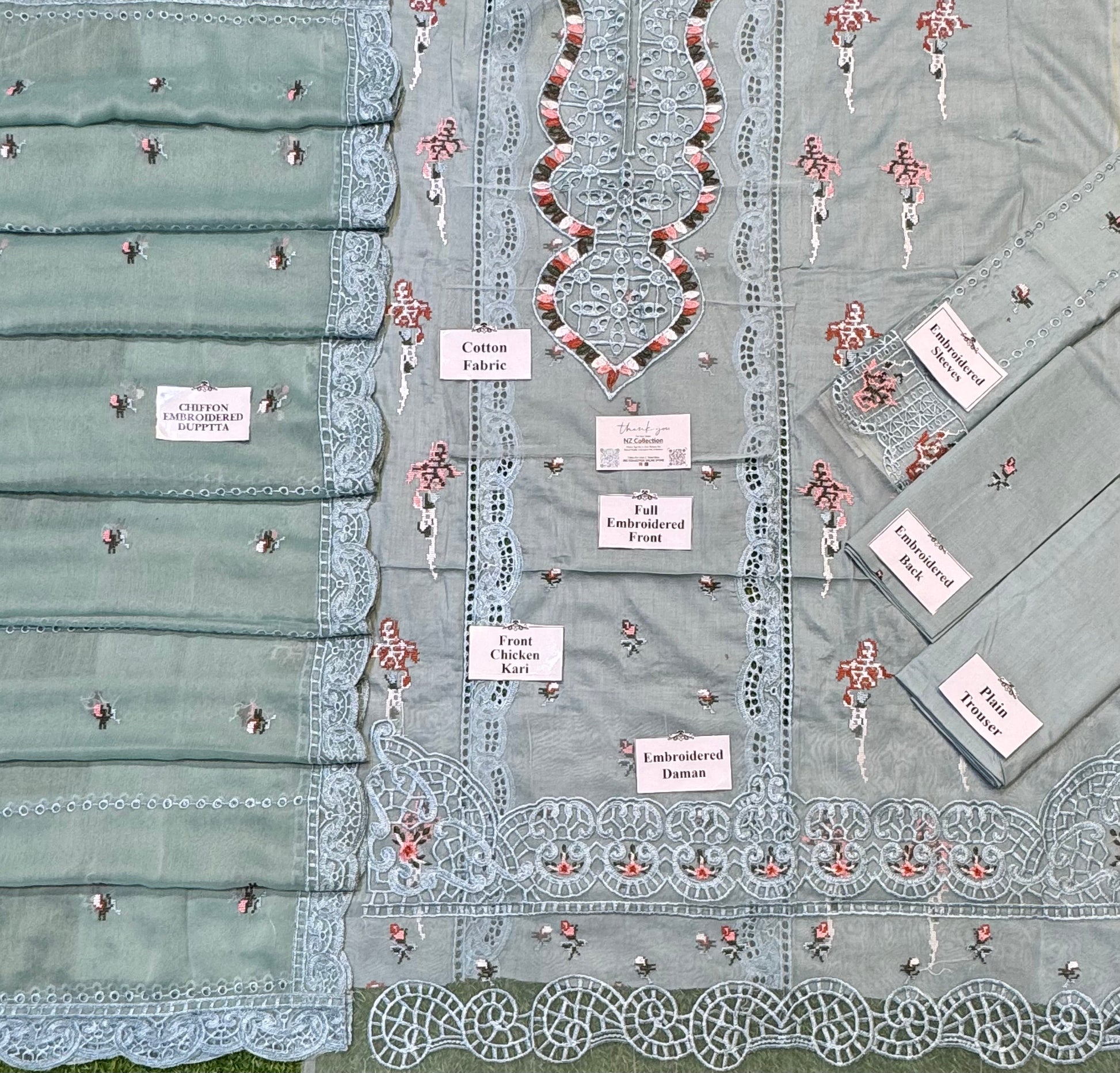 Chikankari Elegance – Soft Cotton 3Pc Suit with Embroidered Dupatta (Gray) - NZ COLLECTION