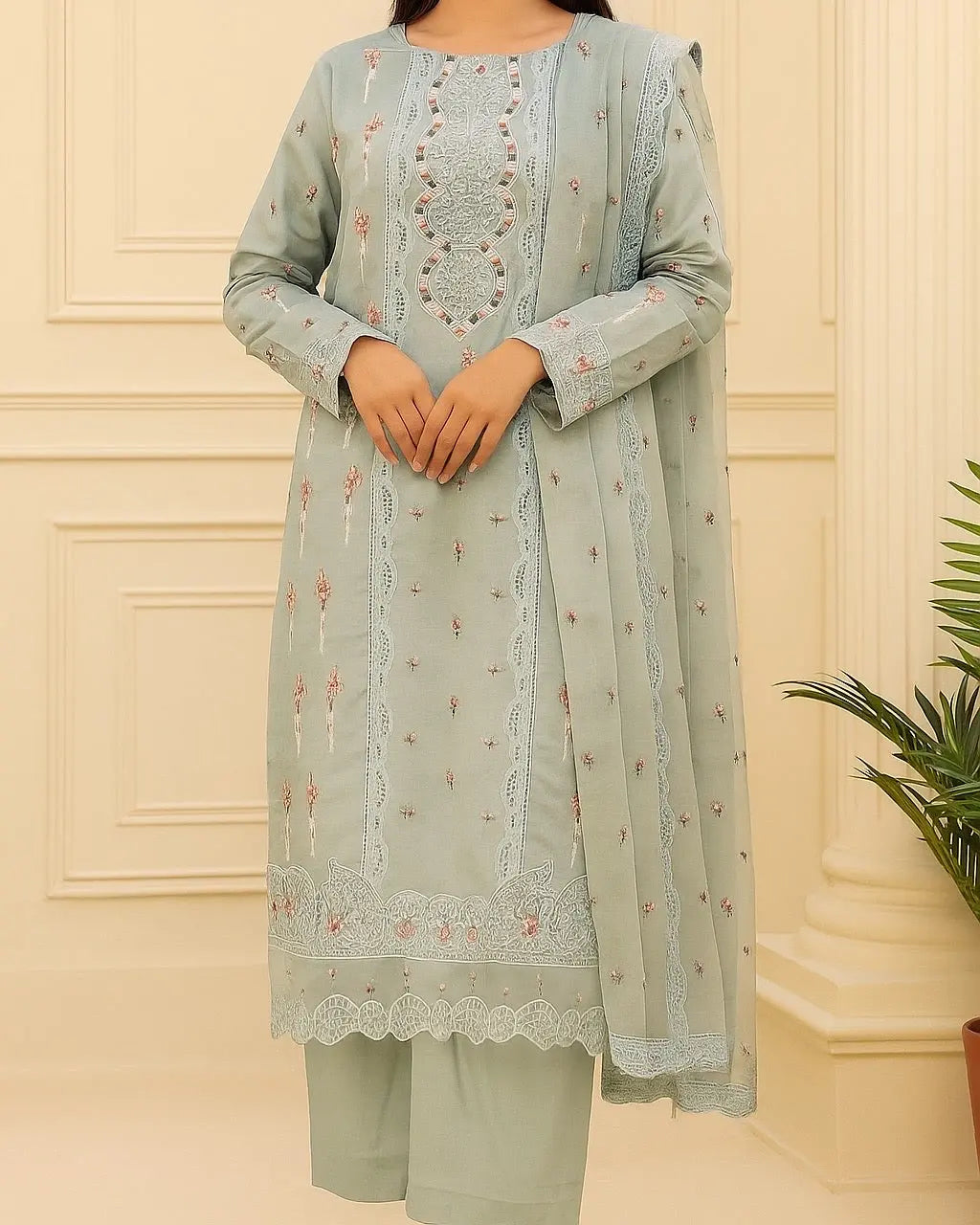 Chikankari Elegance – Soft Cotton 3Pc Suit with Embroidered Dupatta (Gray) - NZ COLLECTION