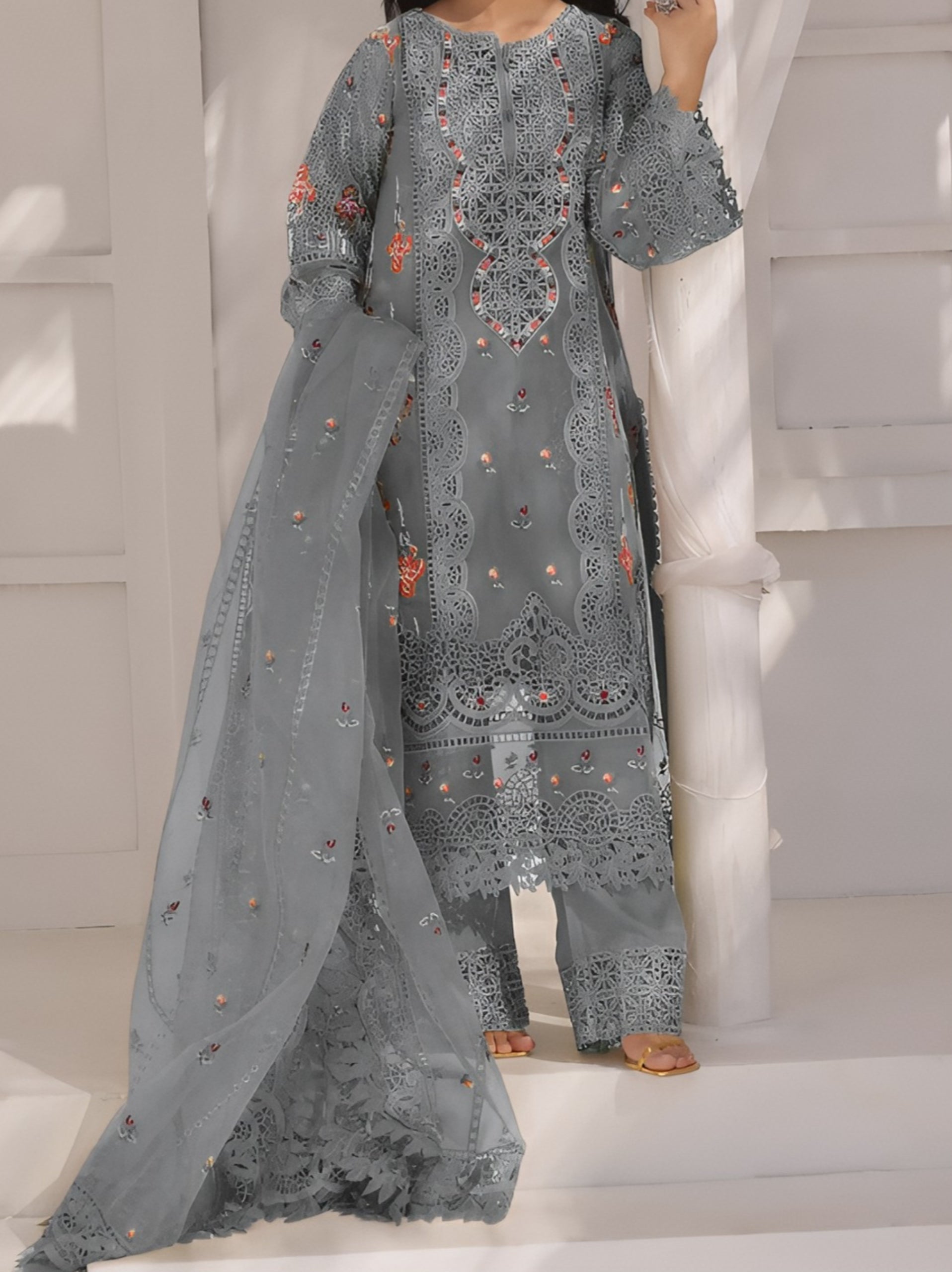 Chikankari Elegance – Soft Cotton 3Pc Suit with Embroidered Dupatta (Mint blue) - NZ COLLECTION