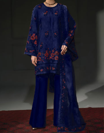 Multi-Thread Embroidered 3Pcs Cotton Suit with Sequins & Chiffon Dupatta (Master Copy)