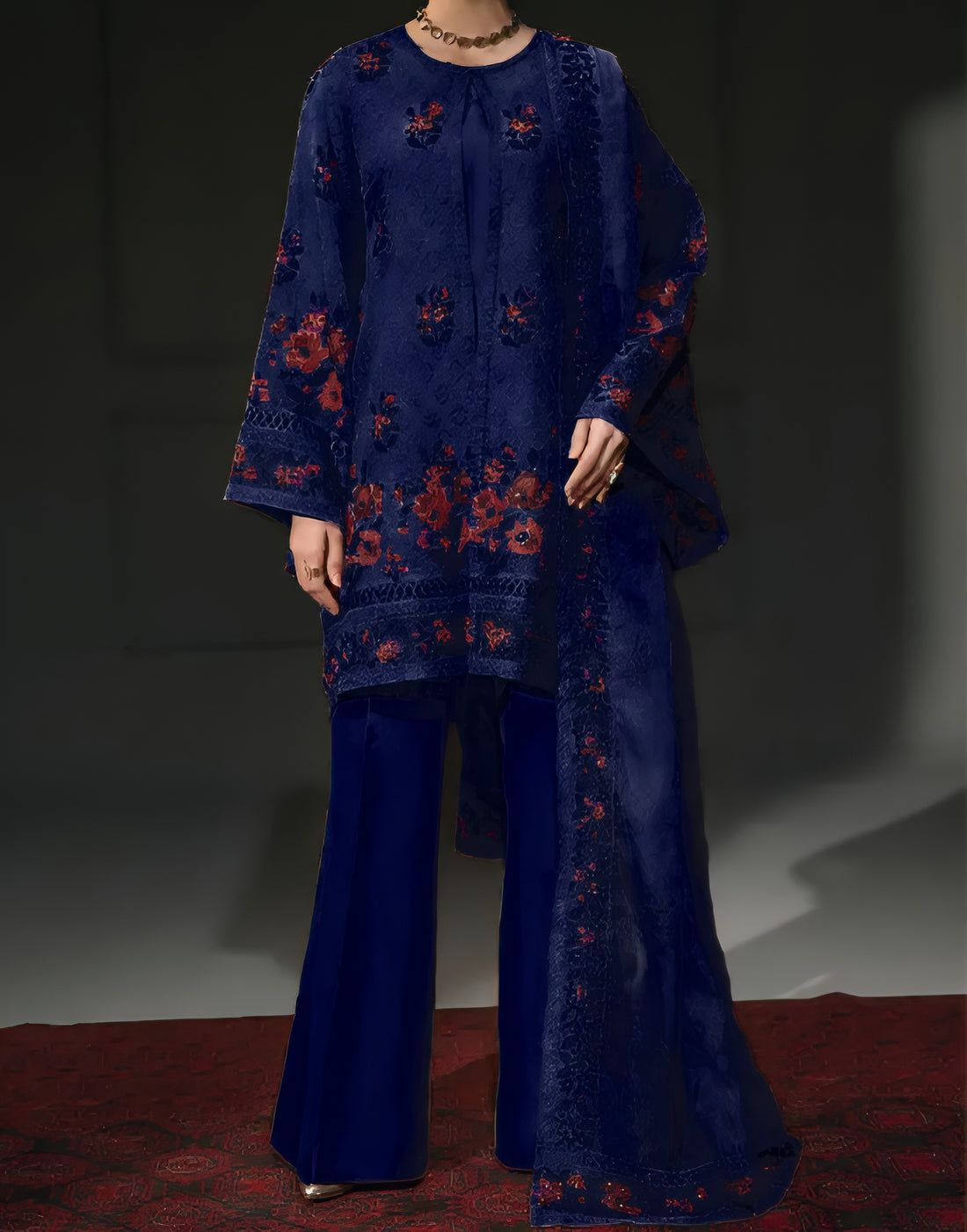 Multi-Thread Embroidered 3Pcs Cotton Suit with Sequins & Chiffon Dupatta (Master Copy) - NZ COLLECTION