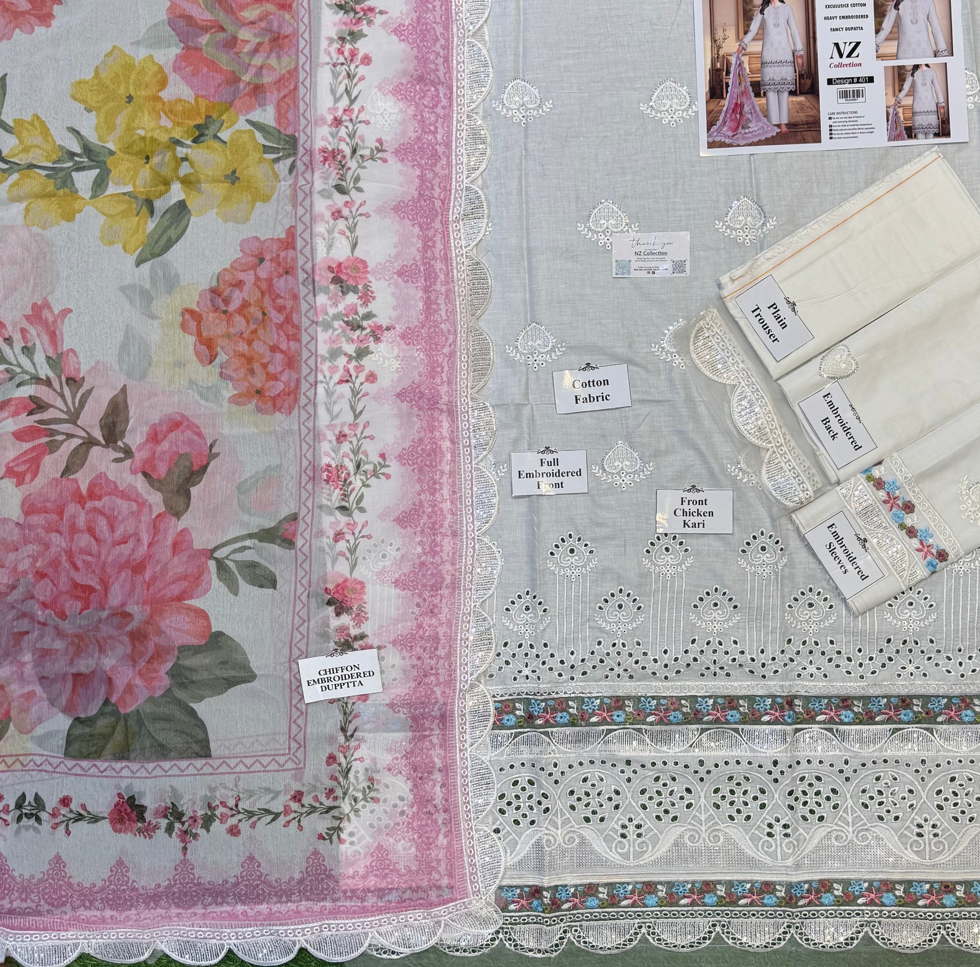 Elegant Summer Unstitched Cotton Suit – 3PC Embroidered Perfection - NZ COLLECTION