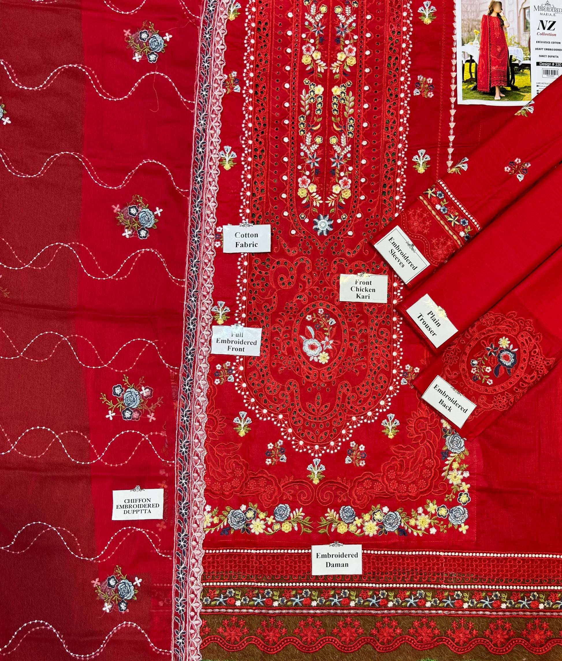 Elegant Summer Unstitched Cotton Suit – 3PC Embroidered Perfection - nz-330 - NZ COLLECTION