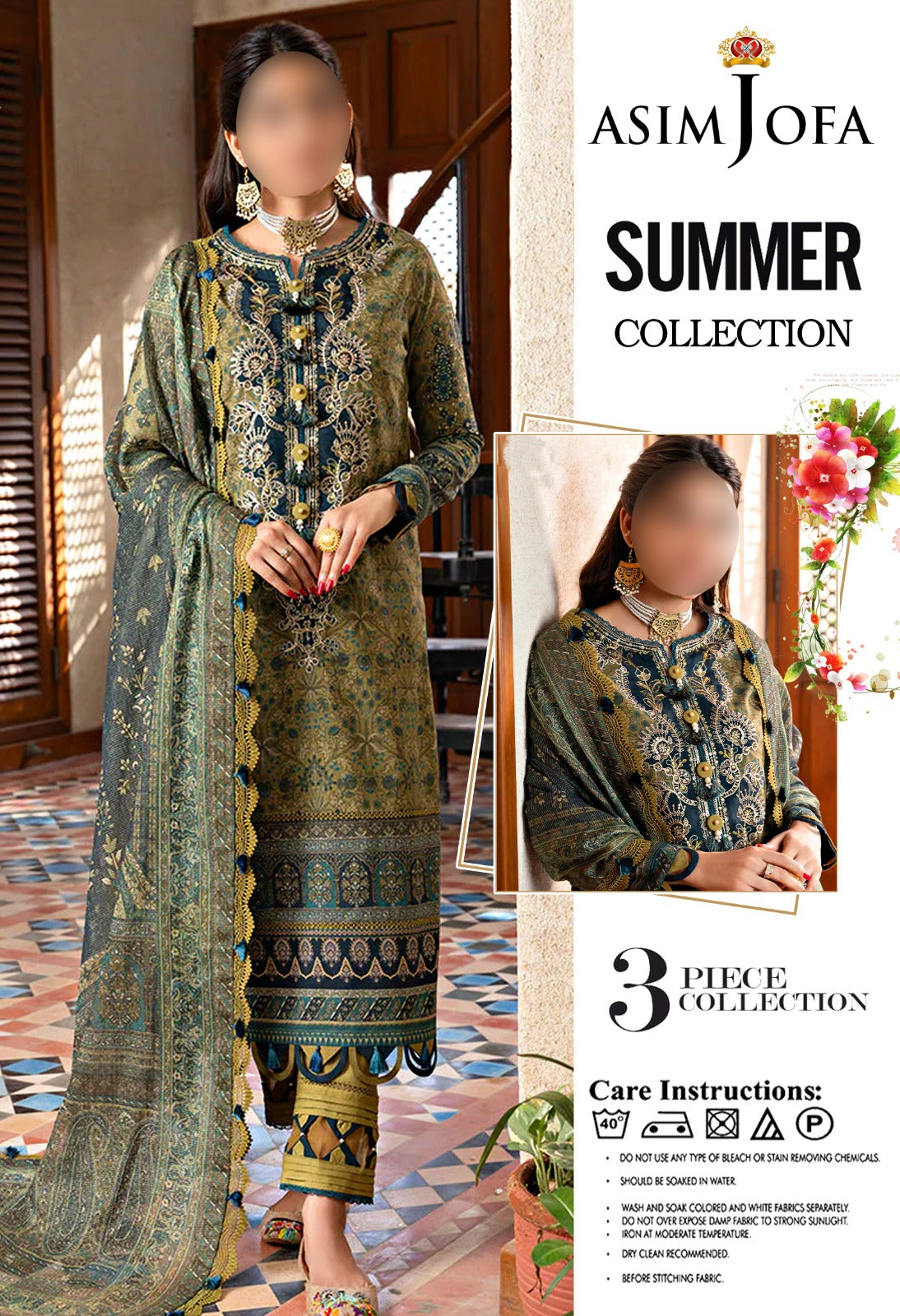 3-Piece Unstitched Lawn Suit Asim Jofa (Replica) - NZ COLLECTION