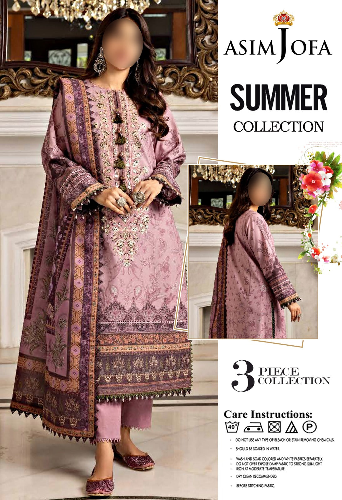 3-Piece Unstitched Lawn Suit Asim Jofa (Replica) - NZ COLLECTION