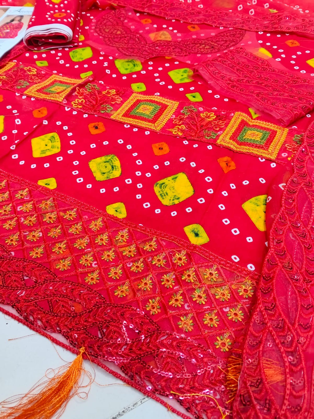 3pcs Unstitch Red Chunri Lawn Dress