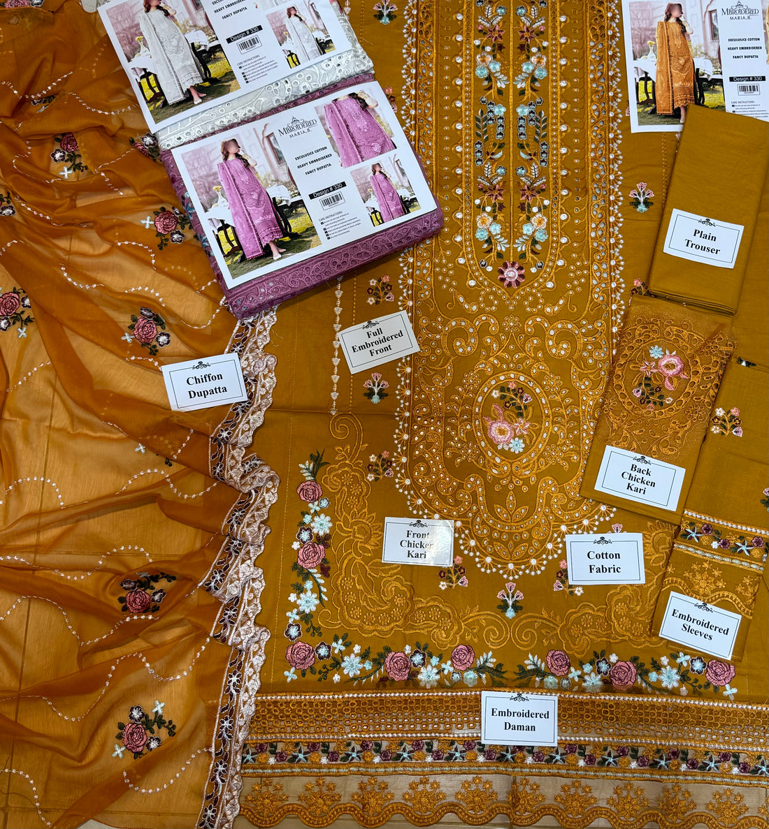 Elegant Chikankari Ensemble  Bareeza Cotton 3Pc Suit with Embroidered Chiffon Dupatta ( Color Golden)