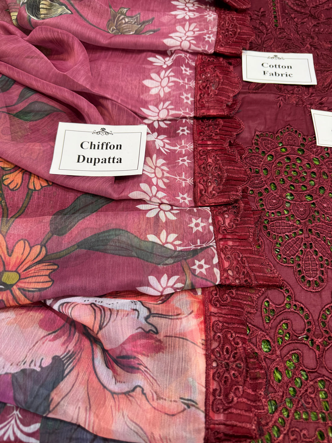 Premium Embroidered 3-Piece Unstitched Dress – Soft Cotton &amp; Digital Printed Chiffon Dupatta (Color Maroon)   NZ-326