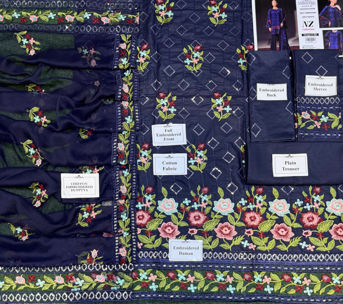 Multi-Thread Embroidered 3Pcs Cotton Suit with Sequins & Chiffon Dupatta (Master Copy)