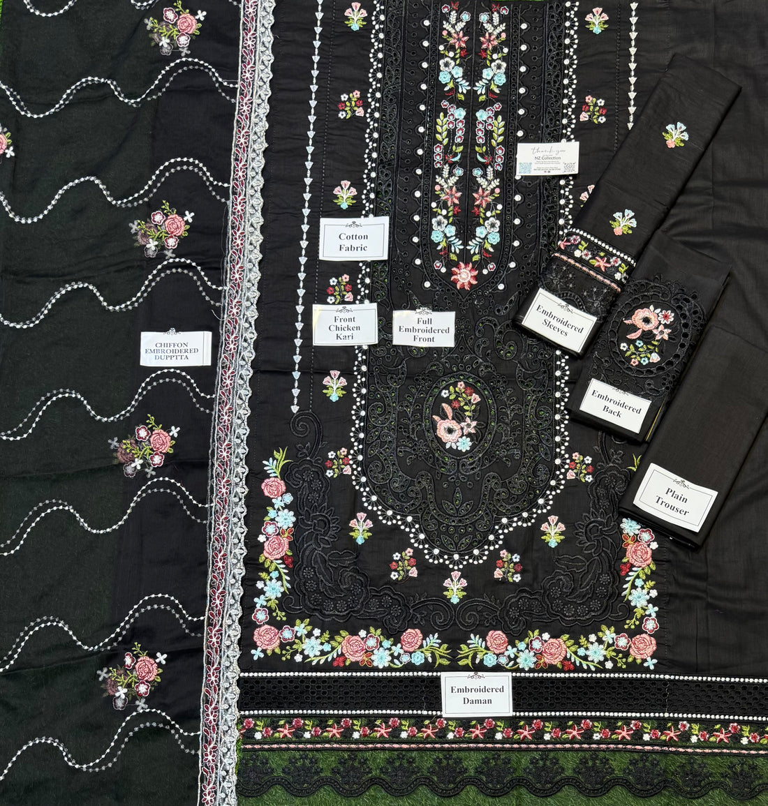 Elegant Chikankari Ensemble  Bareeza Cotton 3Pc Suit with Embroidered Chiffon Dupatta (Color Black)
