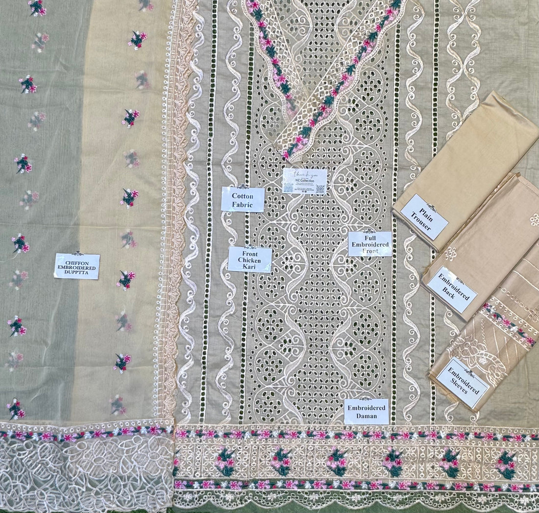 Luxury Chikankari Embroidered 3-Piece Suit with Chiffon Dupatta (Master Copy) Nz-340