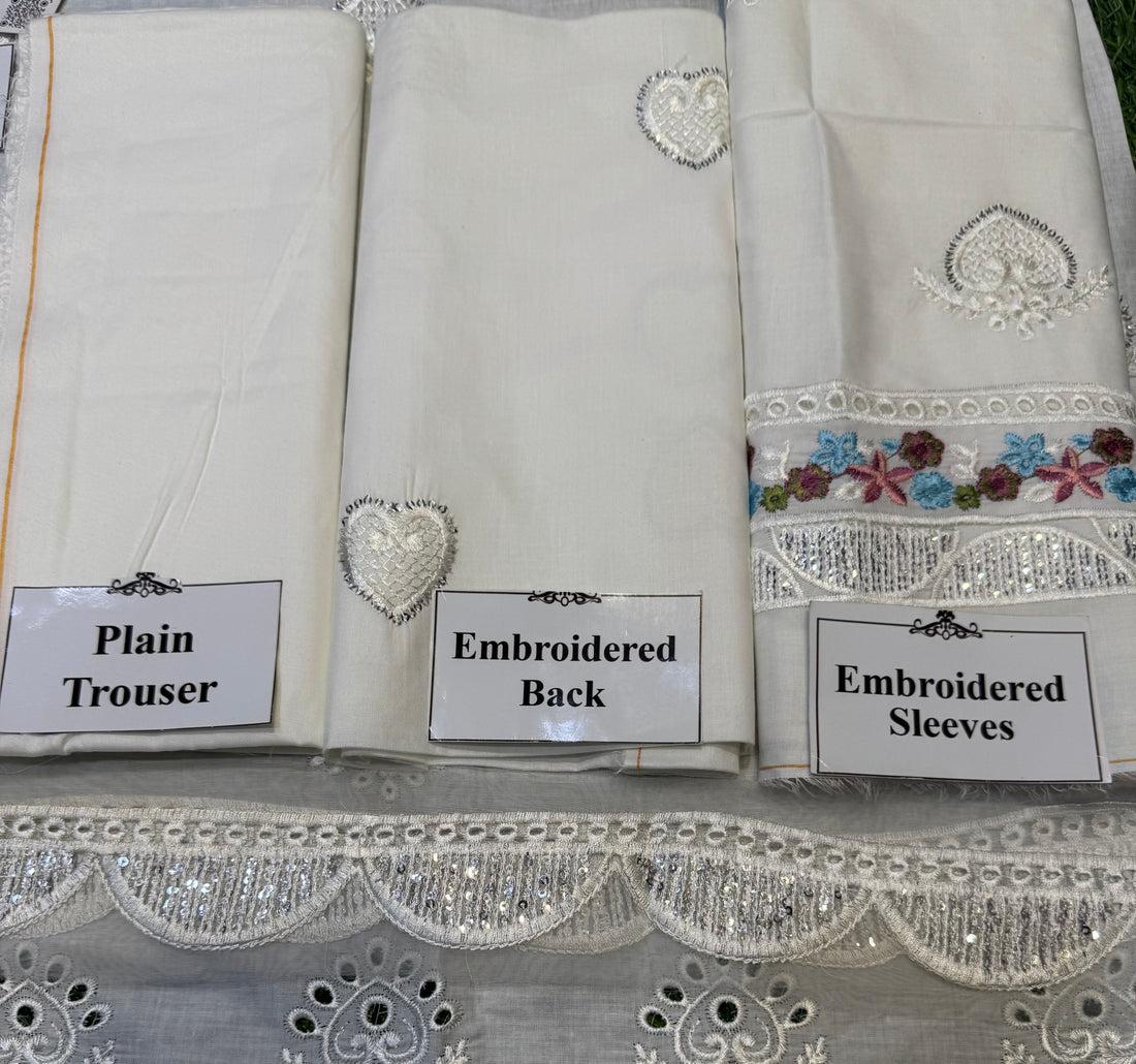 Unstitched Cotton 3-Piece – Chikankari, Sequins & Multi-Thread Embroidery