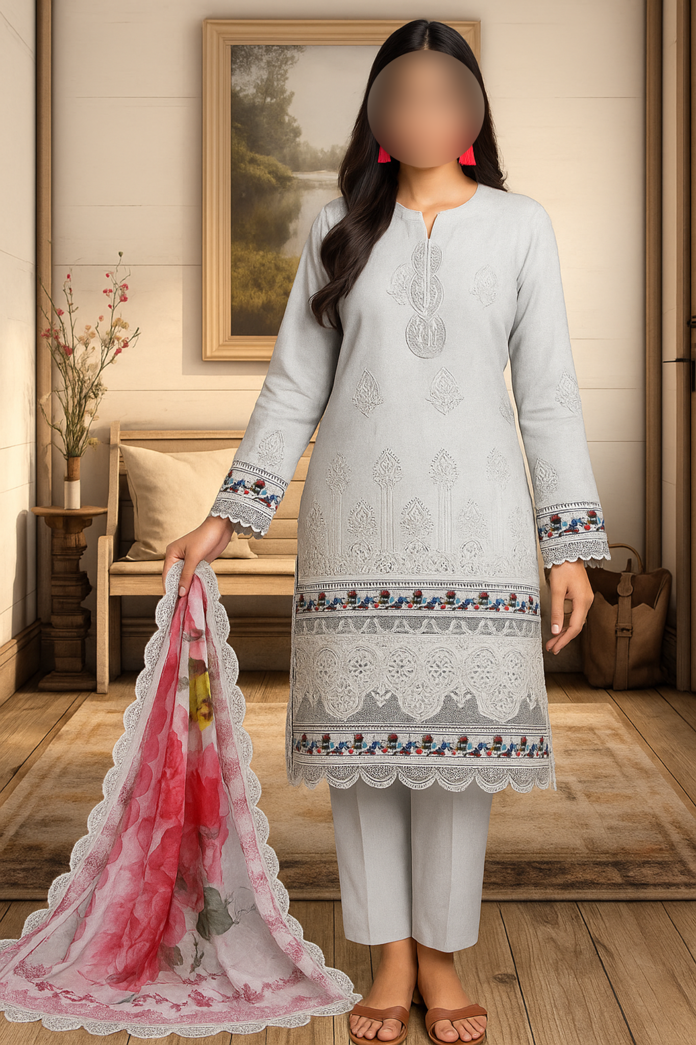 Unstitched Cotton 3-Piece – Chikankari, Sequins & Multi-Thread Embroidery
