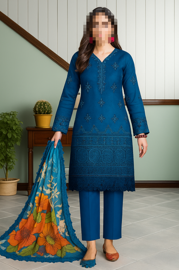 Unstitched Chikankari 3-Piece Suit | Soft Cotton with Embroidered Chiffon Dupatta