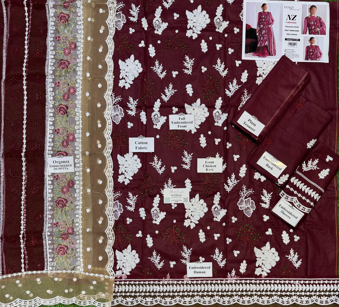 3pcs Unstitched Cotton Dress (color Maroon) NZ-345