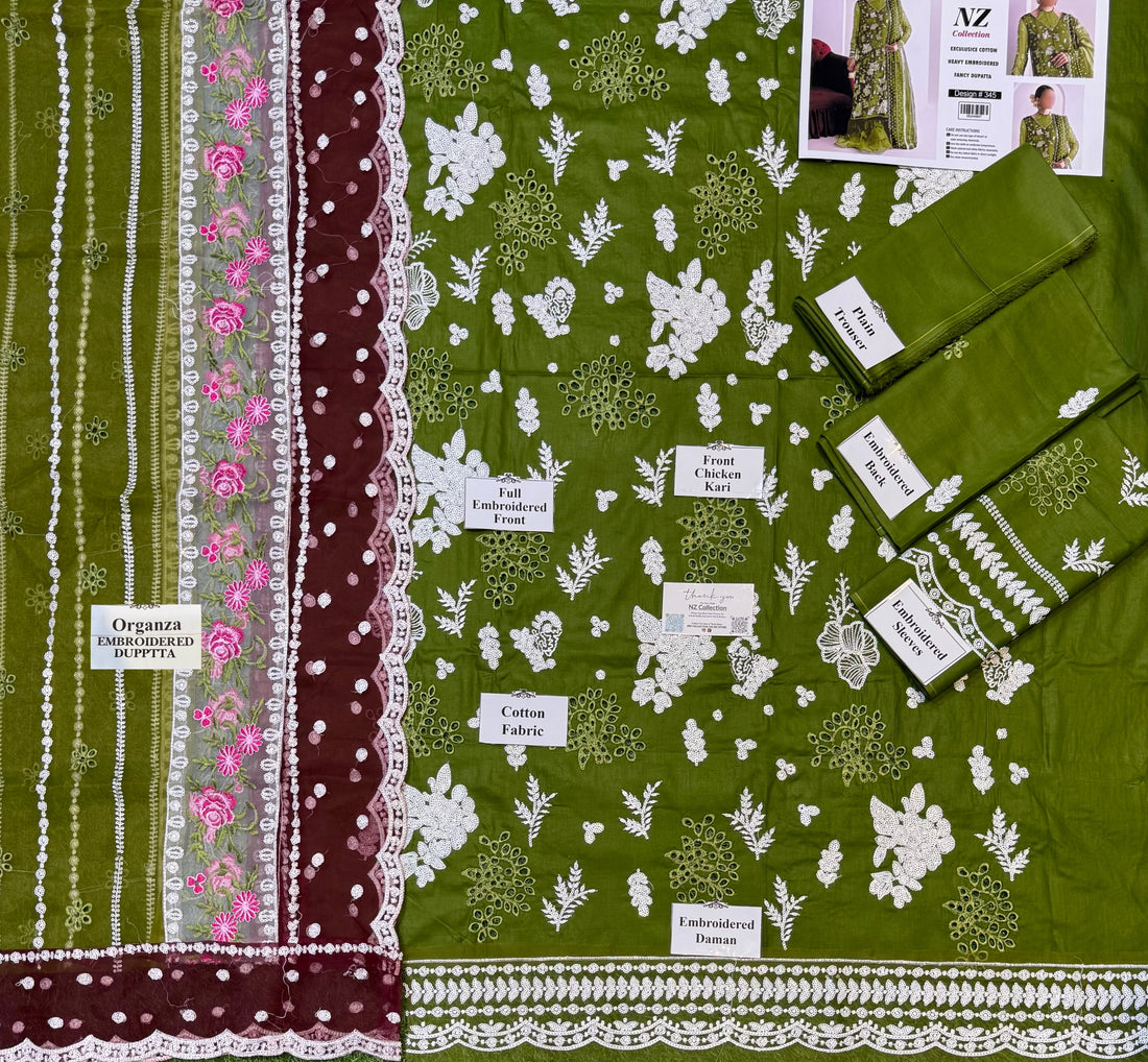 3pcs Unstitched Cotton Dress (Color Mehindi Green) NZ-345