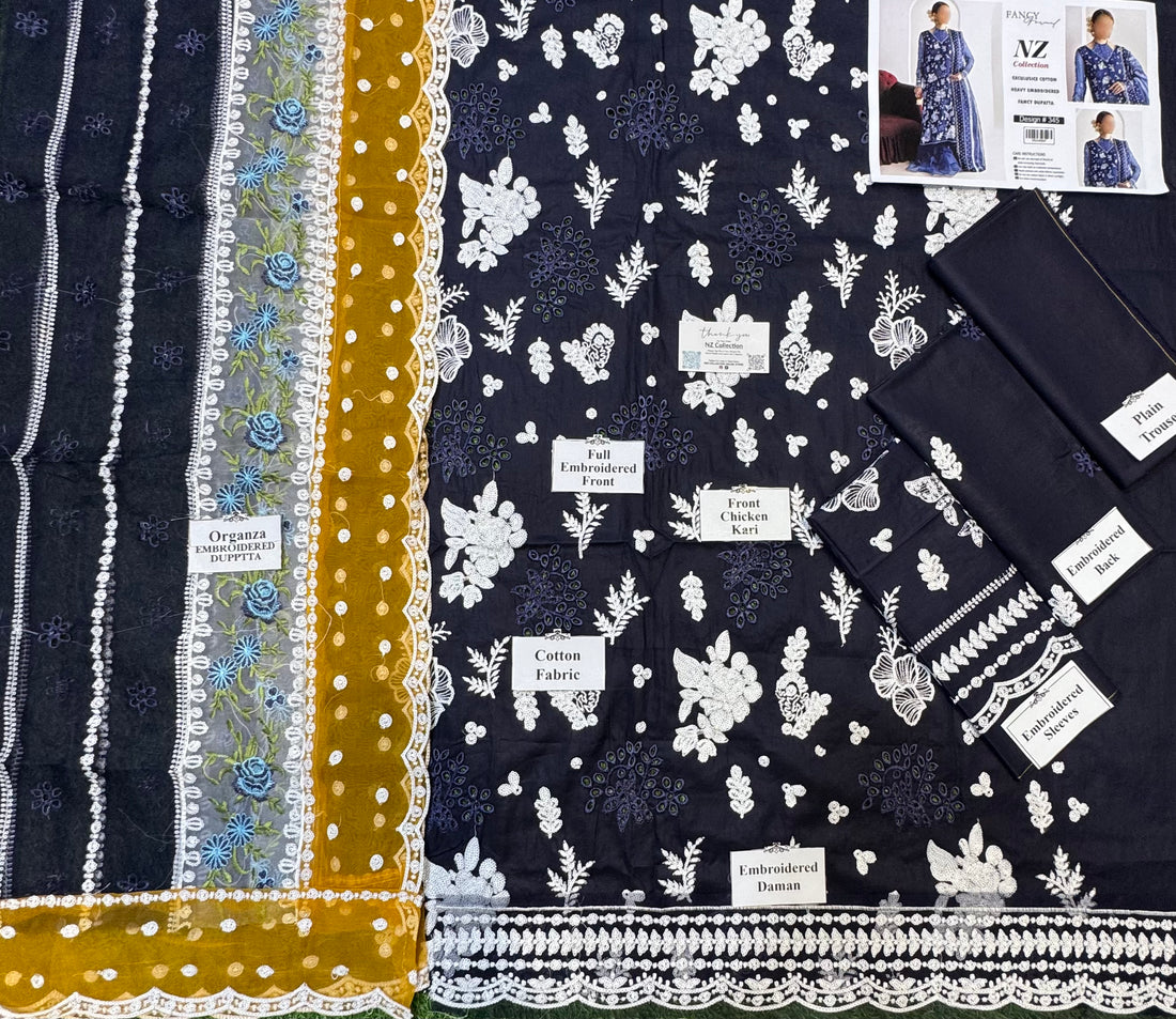 3pcs Unstitched Cotton Dress (Color NavyBlue) NZ-345