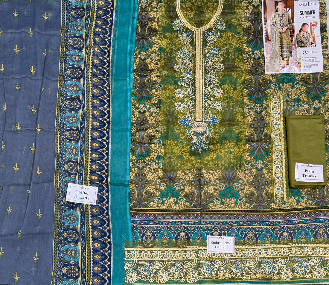 3-Piece Unstitched Lawn Suit Asim Jofa (Replica)