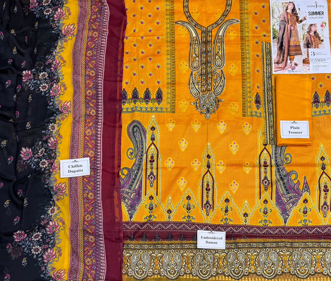 3-Piece Unstitched Lawn Suit Asim Jofa (Replica)