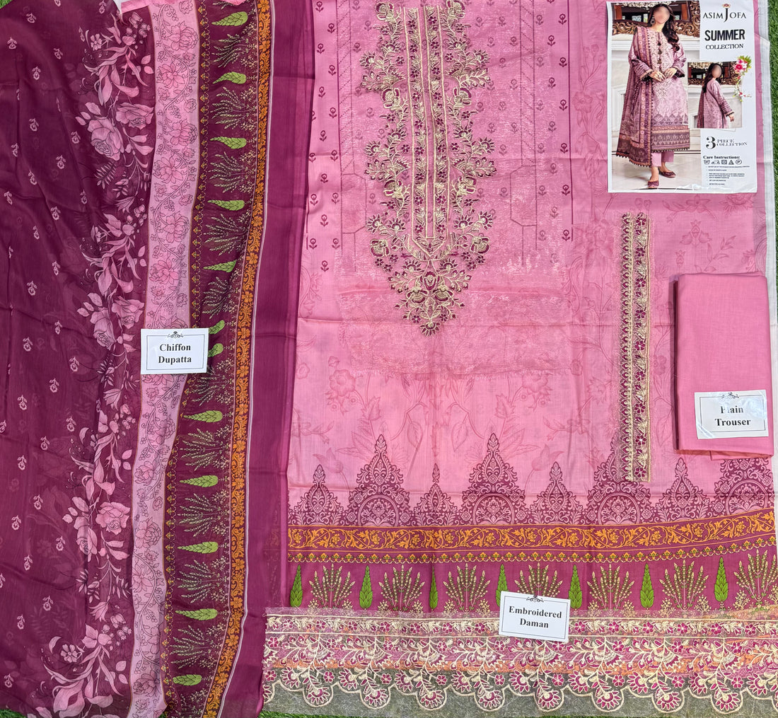 3-Piece Unstitched Lawn Suit Asim Jofa (Replica)